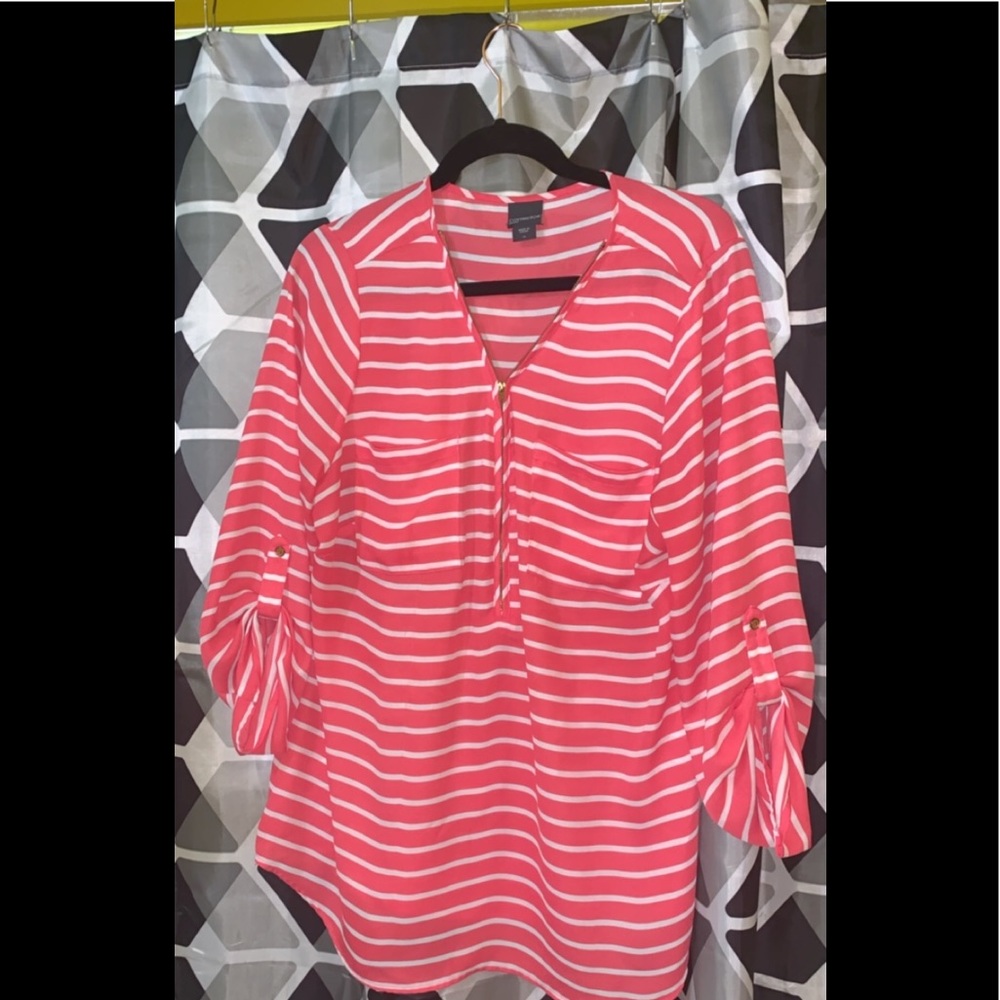 SIZE 1X Pink and White Striped Blouse